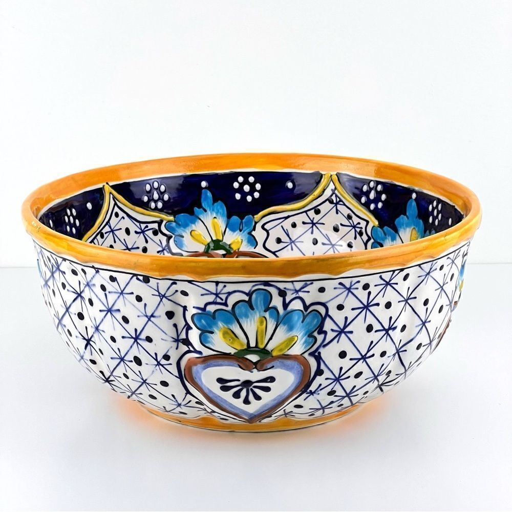 Large Serving Bowl Handpainted Ceramic Made In Mexico Rosario Pattern